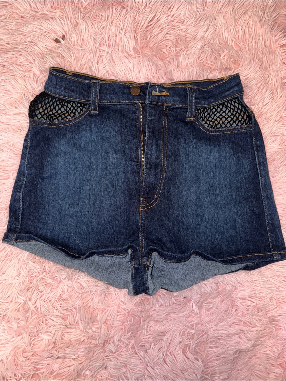 Fashion Nova Dark Blue High Waist Denim Shorts with Black Mesh Pockets